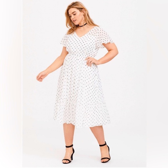 Torrid Chiffon Flutter Sleeve Midi Dress Black & White Polka Dot Size 10/12 - Picture 2 of 14